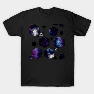 Violet Nebula in Hexagon and Black Triangles T-Shirt